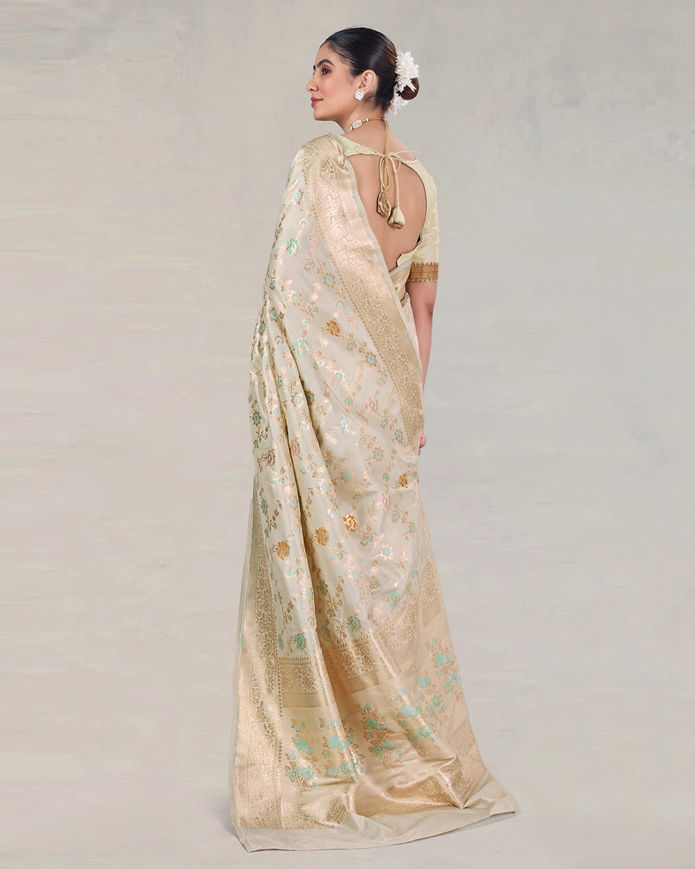 Ivory Pure Katan Saree with Delicate Meenakari Florals and Gilded Weaves