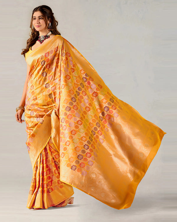 Marigold Pure Katan Rangkat Saree with Multicolored Floral Motifs & Geometric Weaves