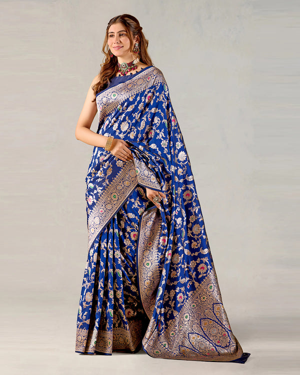 Royal Blue Pure Katan Handwoven Saree with Floral Meenakari Weaves