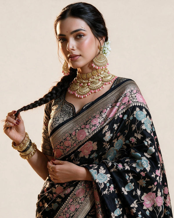 Black Pure Katan Saree with Legacy Meenakari Floral Craftsmanship