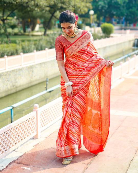 Banarasi-Inspired Pure Chiffon Saree in Fiery Red & Orange