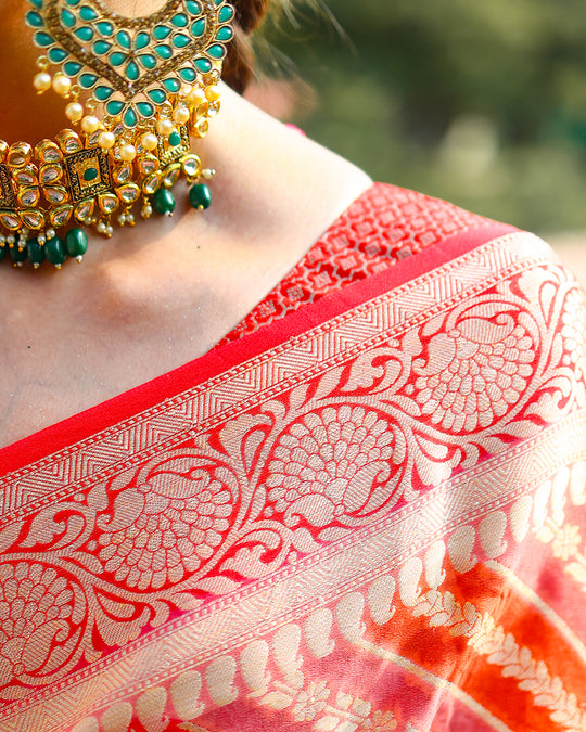 Banarasi-Inspired Pure Chiffon Saree in Fiery Red & Orange