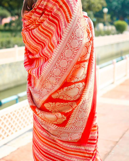 Banarasi-Inspired Pure Chiffon Saree in Fiery Red & Orange