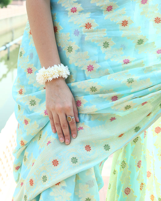 Aqua Blue Pure Chiffon Saree with Floral Buti Work