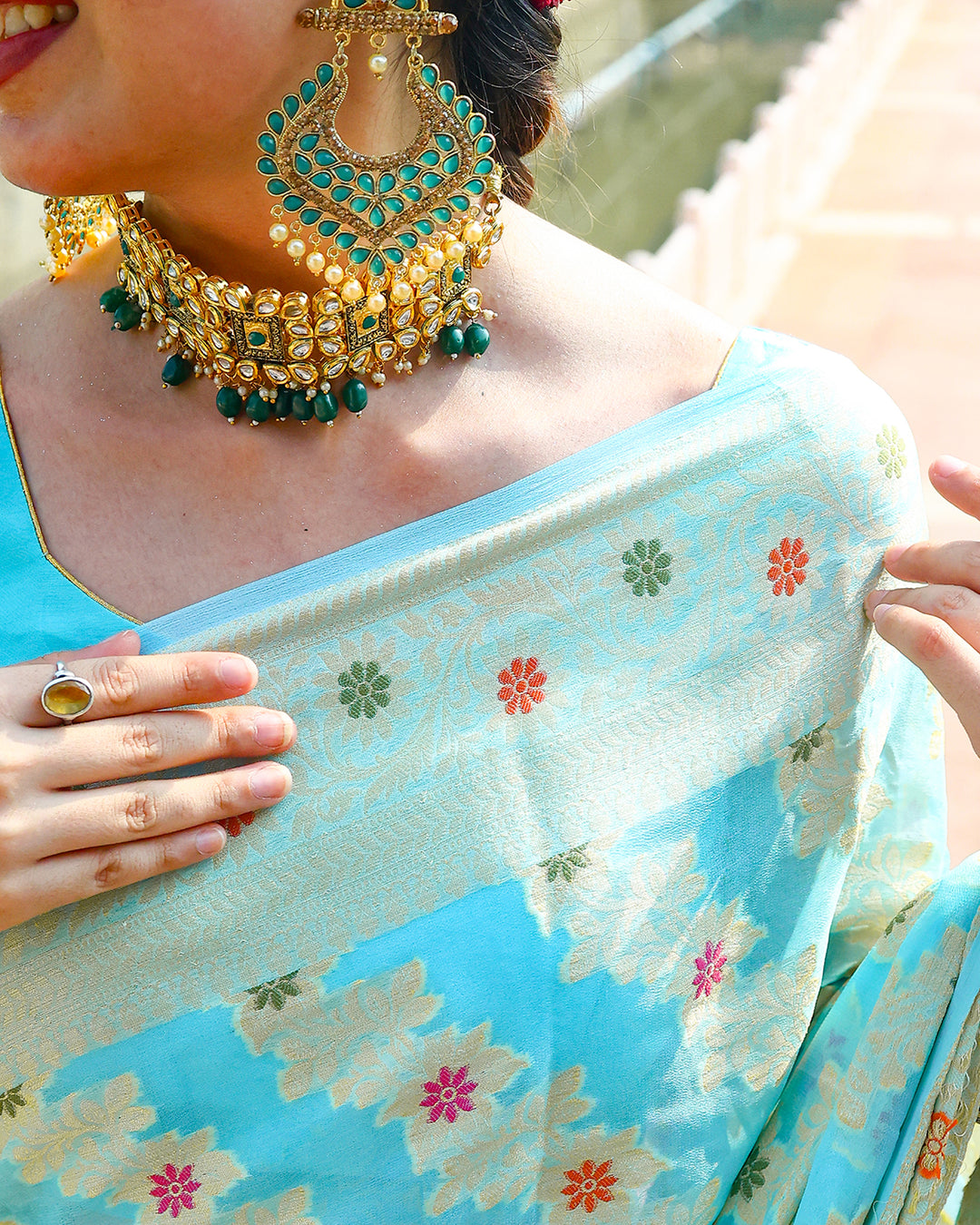 Aqua Blue Pure Chiffon Saree with Floral Buti Work