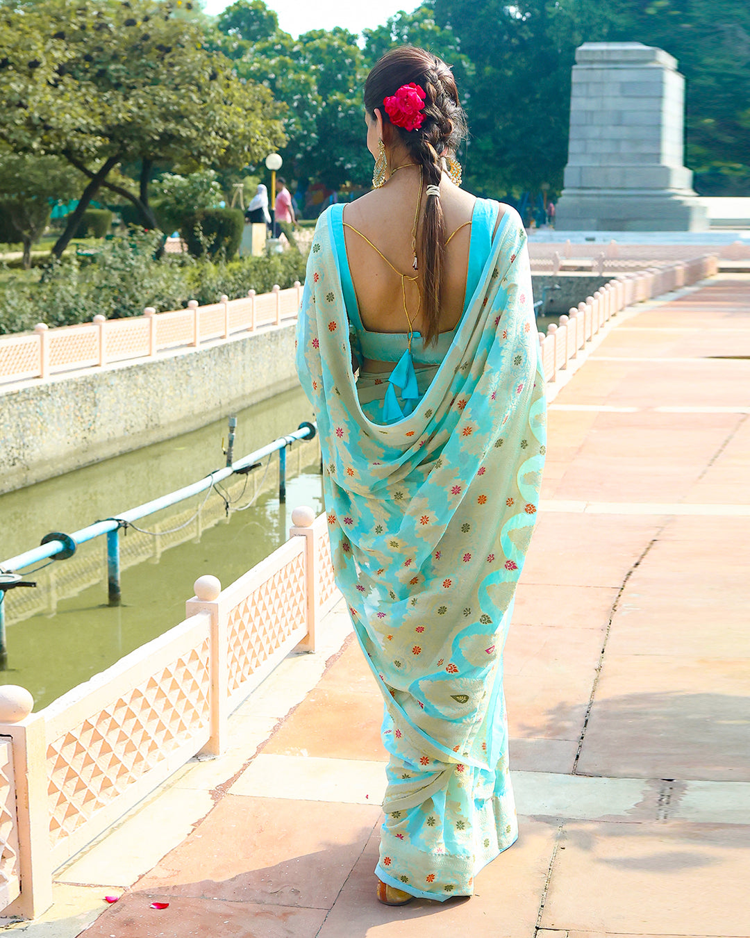 Aqua Blue Pure Chiffon Saree with Floral Buti Work