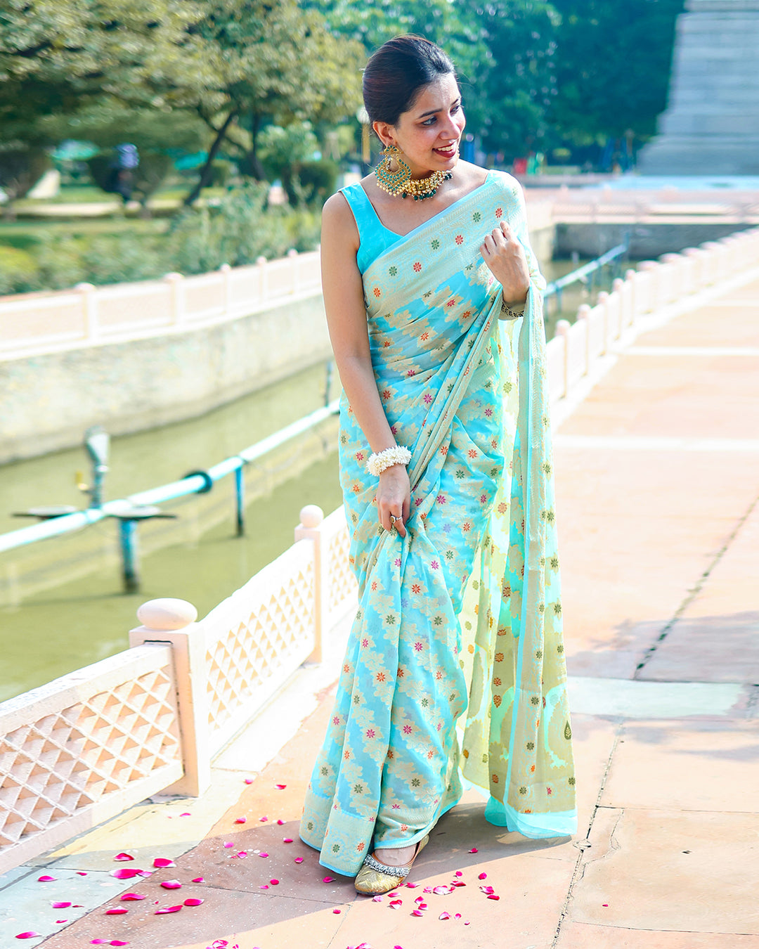 Aqua Blue Pure Chiffon Saree with Floral Buti Work