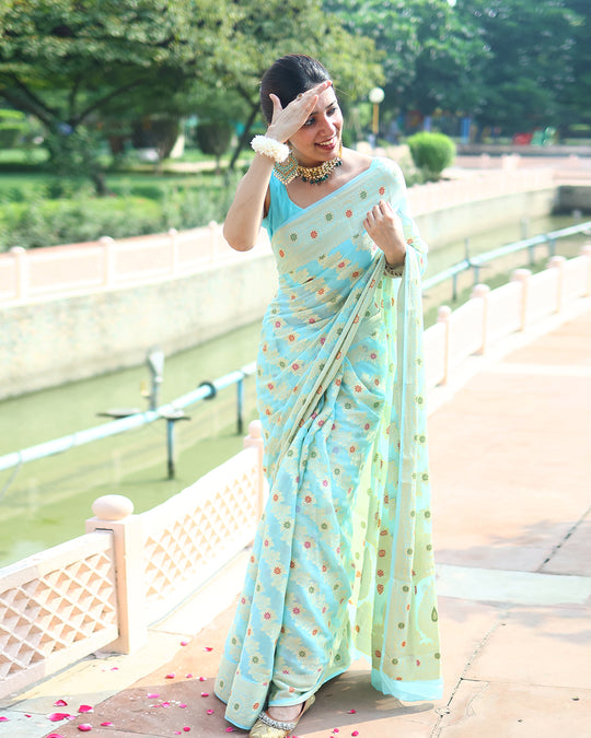 Aqua Blue Pure Chiffon Saree with Floral Buti Work
