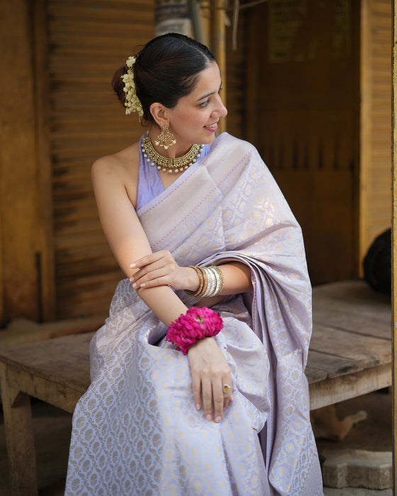 Lavender Pure Banarasi Saree with Ornate Zari Grid