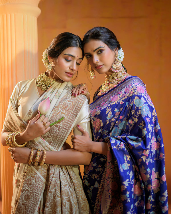 'Masterpiece' Royal Blue Pure Katan Saree with Legacy Floral Craftsmanship