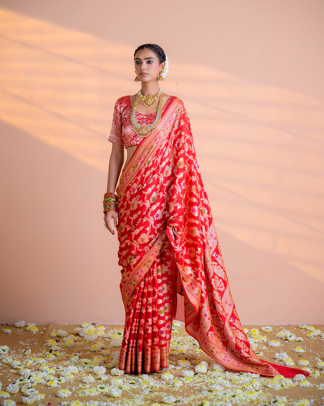 Scarlet Red Pure Chiffon Saree with Intricate Florals Jaal and Craftsmanship