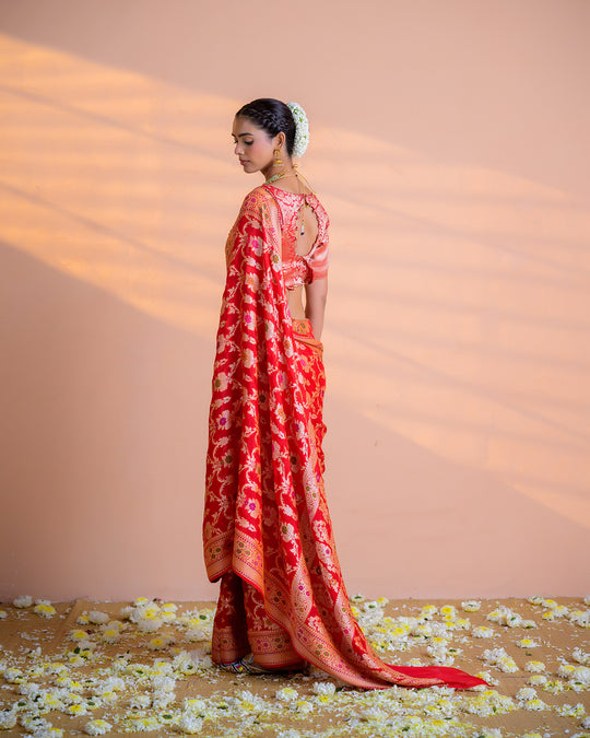 Scarlet Red Pure Chiffon Saree with Intricate Florals Jaal and Craftsmanship