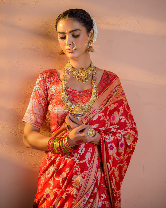Scarlet Red Pure Chiffon Saree with Intricate Florals Jaal and Craftsmanship