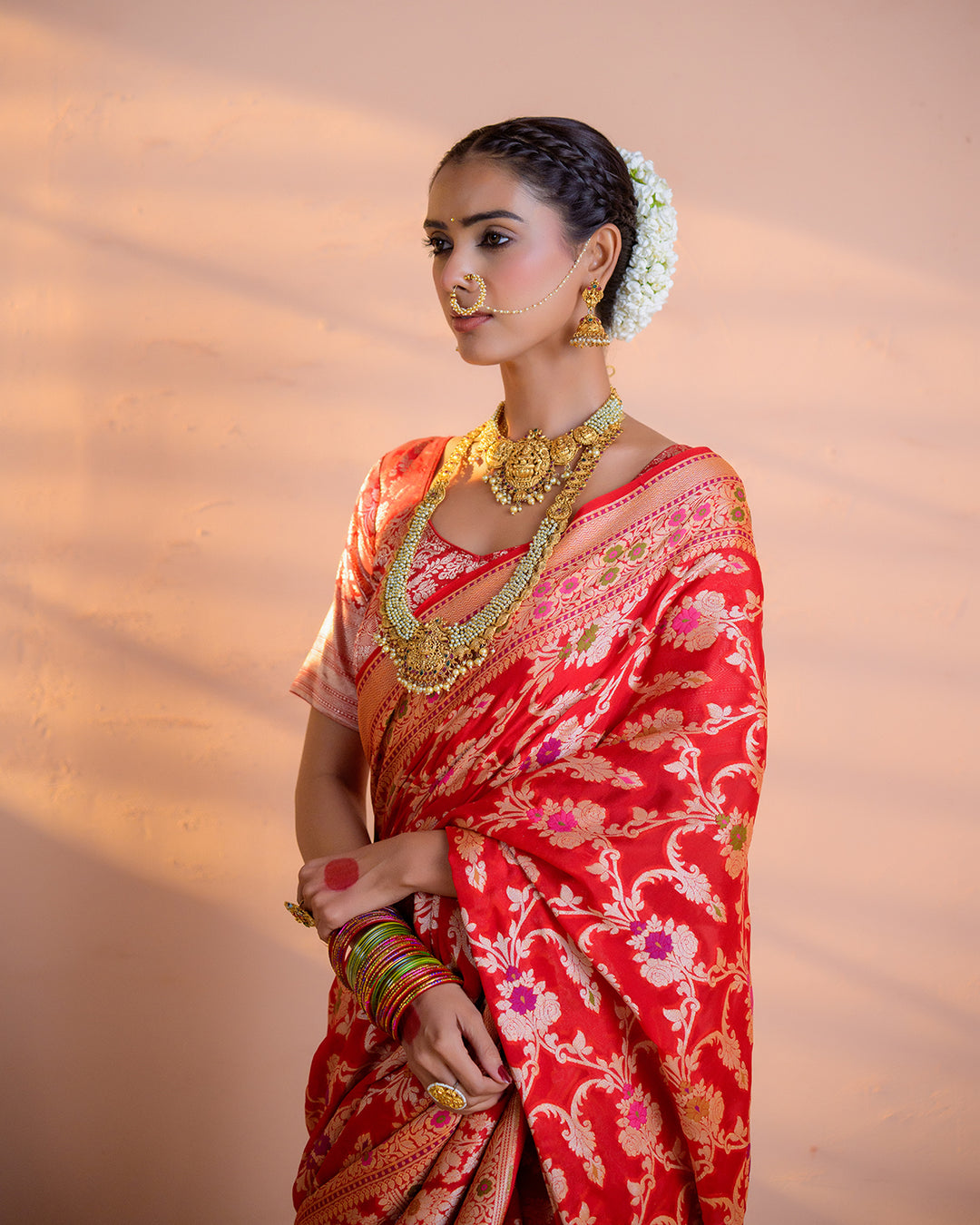 Scarlet Red Pure Chiffon Saree with Intricate Florals Jaal and Craftsmanship