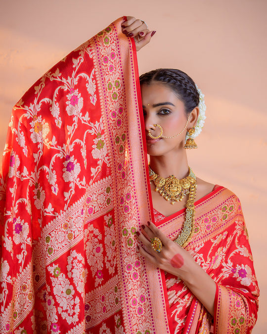 Scarlet Red Pure Chiffon Saree with Intricate Florals Jaal and Craftsmanship