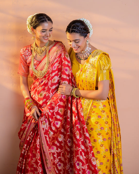 Scarlet Red Pure Chiffon Saree with Intricate Florals Jaal and Craftsmanship