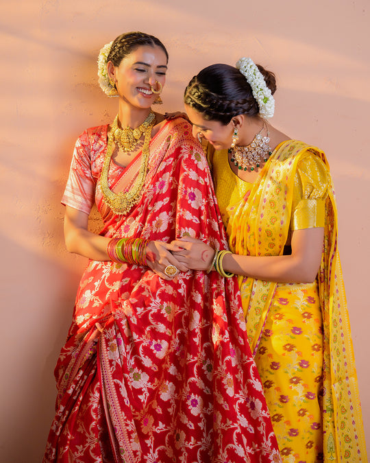 Scarlet Red Pure Chiffon Saree with Intricate Florals Jaal and Craftsmanship