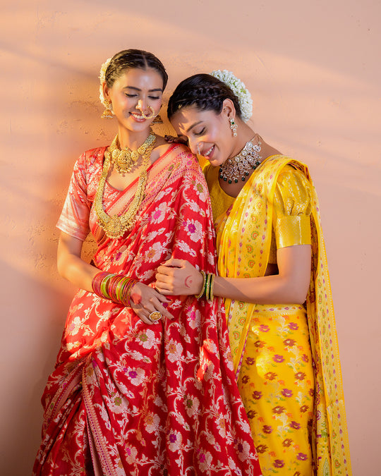 Scarlet Red Pure Chiffon Saree with Intricate Florals Jaal and Craftsmanship