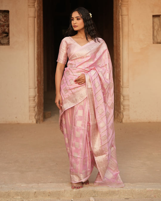 Carnation Pink Pure Katan Silk Saree with Exquisite Golden Jaal & Gilded Accents