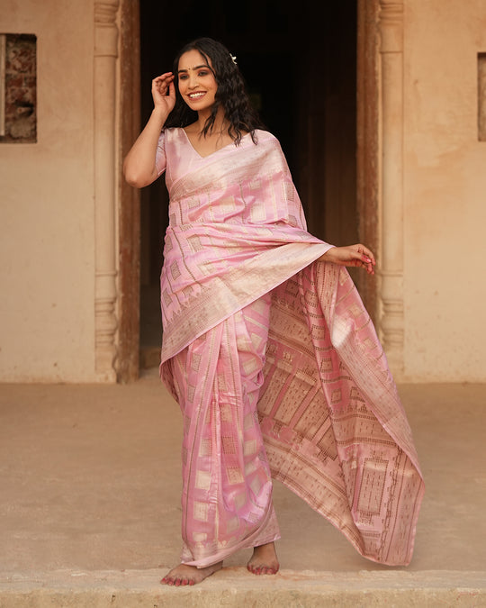 Carnation Pink Pure Katan Silk Saree with Exquisite Golden Jaal & Gilded Accents