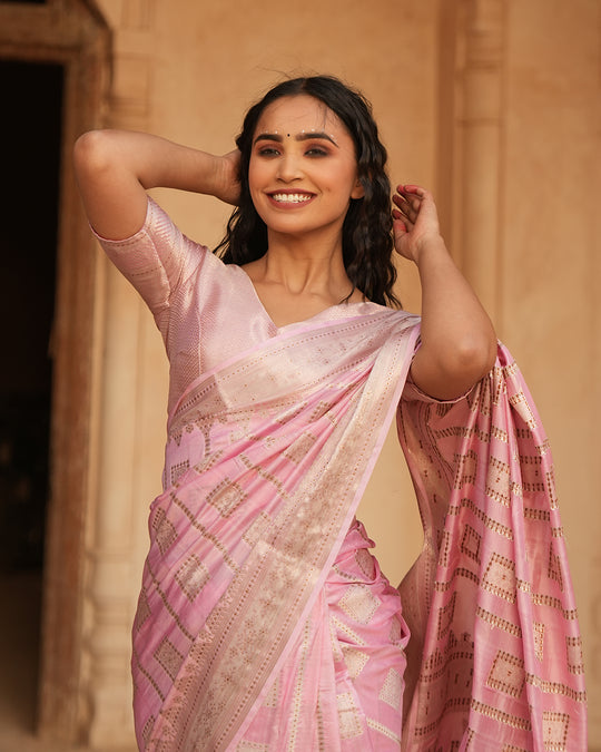 Carnation Pink Pure Katan Silk Saree with Exquisite Golden Jaal & Gilded Accents