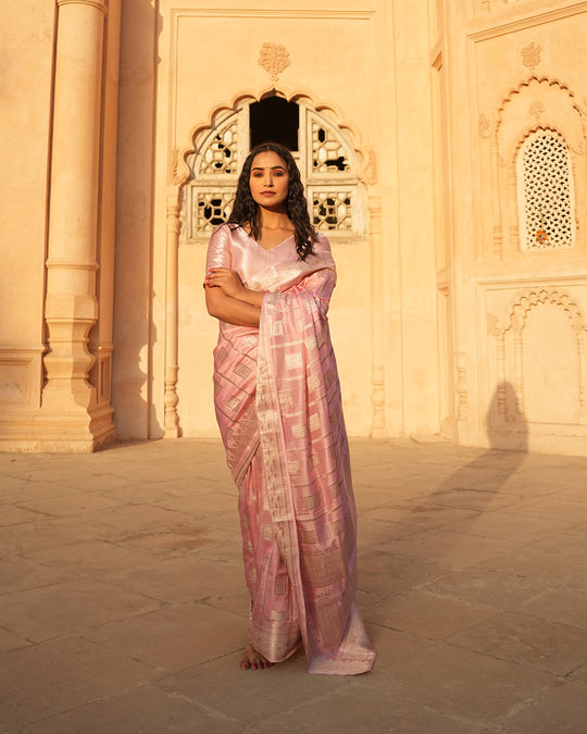 Carnation Pink Pure Katan Silk Saree with Exquisite Golden Jaal & Gilded Accents