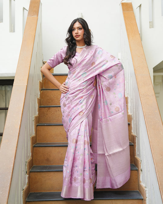 Light Purple Pure Banarasi Saree with Multicolour Floral Craftsmanship