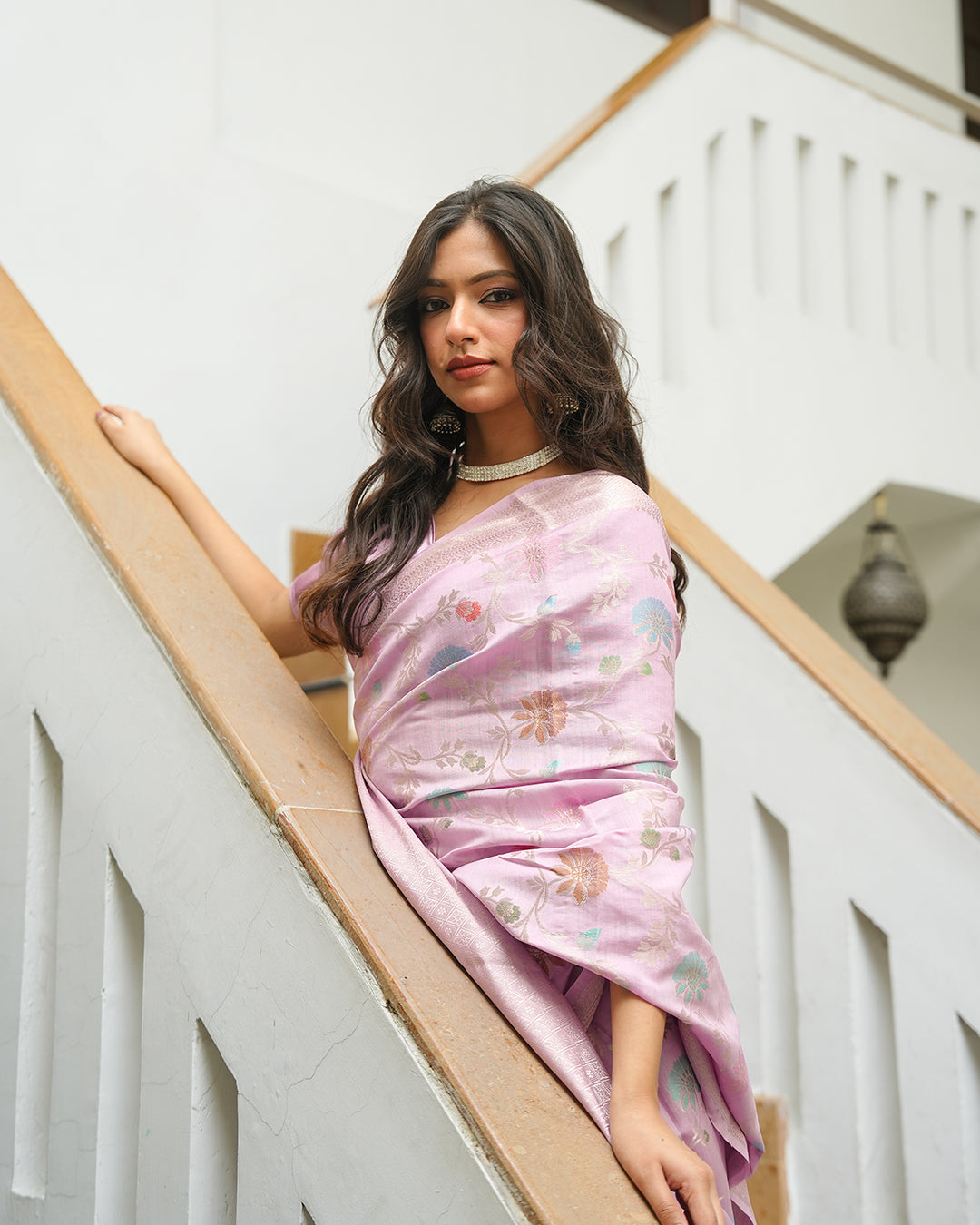 Light Purple Pure Banarasi Saree with Multicolour Floral Craftsmanship