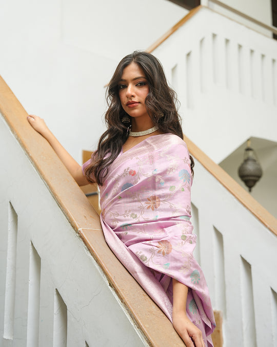 Light Purple Pure Banarasi Saree with Multicolour Floral Craftsmanship