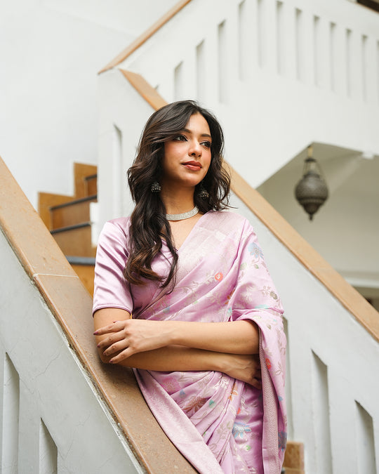 Light Purple Pure Banarasi Saree with Multicolour Floral Craftsmanship