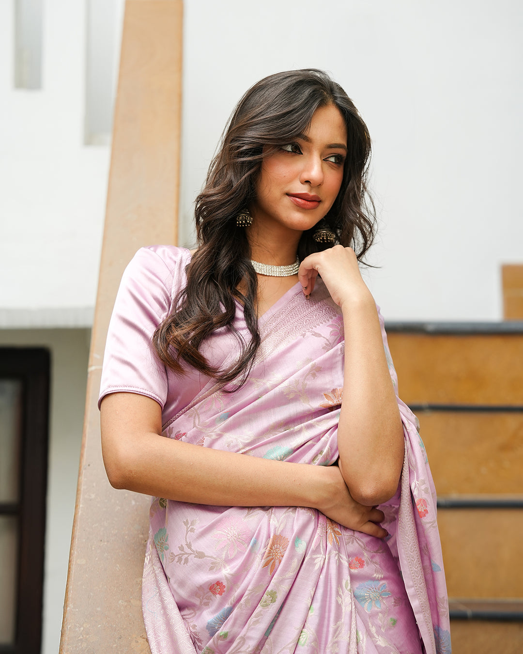 Light Purple Pure Banarasi Saree with Multicolour Floral Craftsmanship