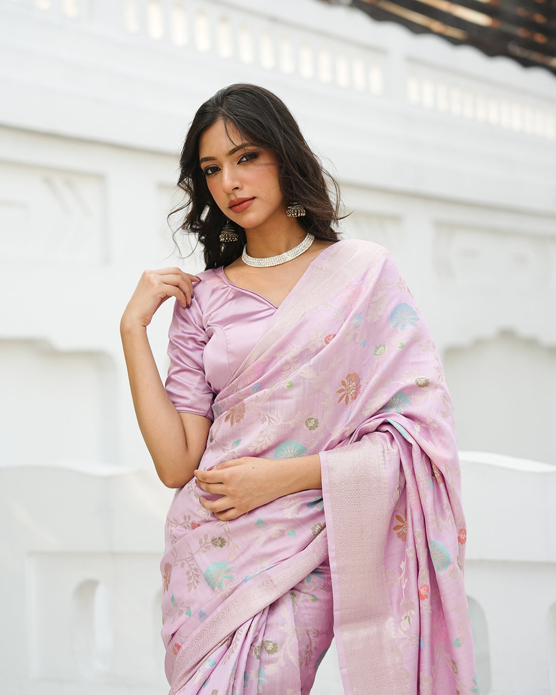 Light Purple Pure Banarasi Saree with Multicolour Floral Craftsmanship