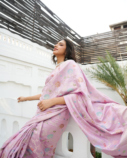 Light Purple Pure Banarasi Saree with Multicolour Floral Craftsmanship