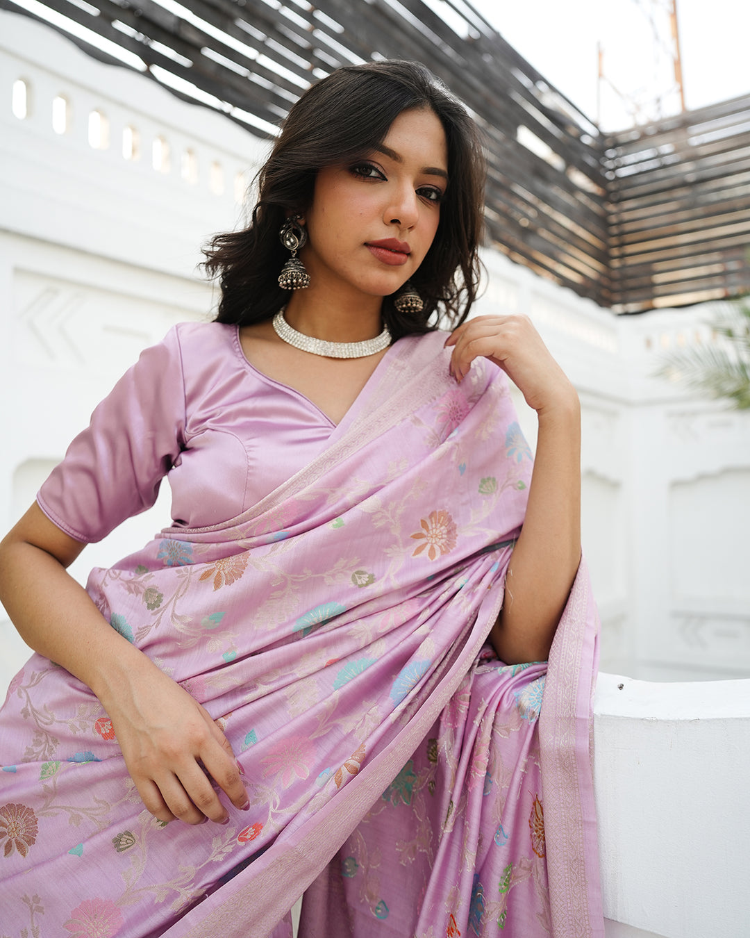 Light Purple Pure Banarasi Saree with Multicolour Floral Craftsmanship