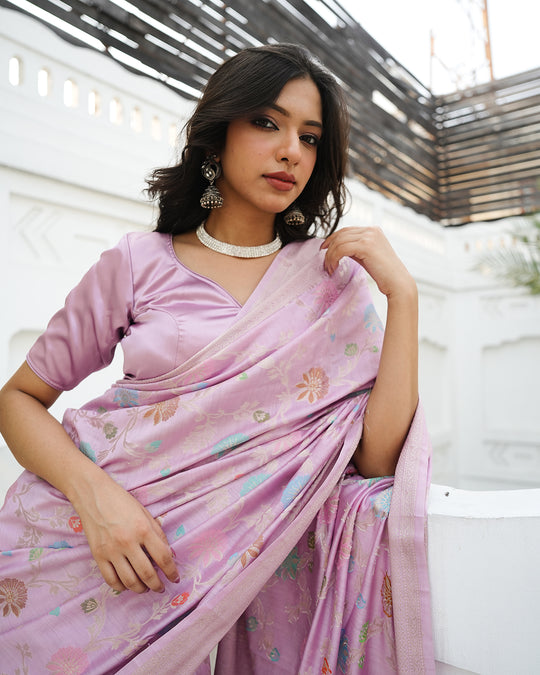 Light Purple Pure Banarasi Saree with Multicolour Floral Craftsmanship
