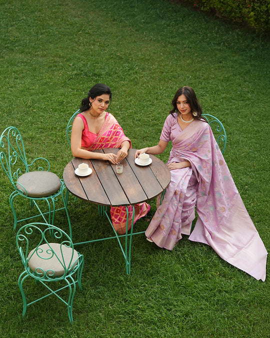 Pink & Orange Pure Chiffon Saree in Traditional Lattice with Royal Jaal Design