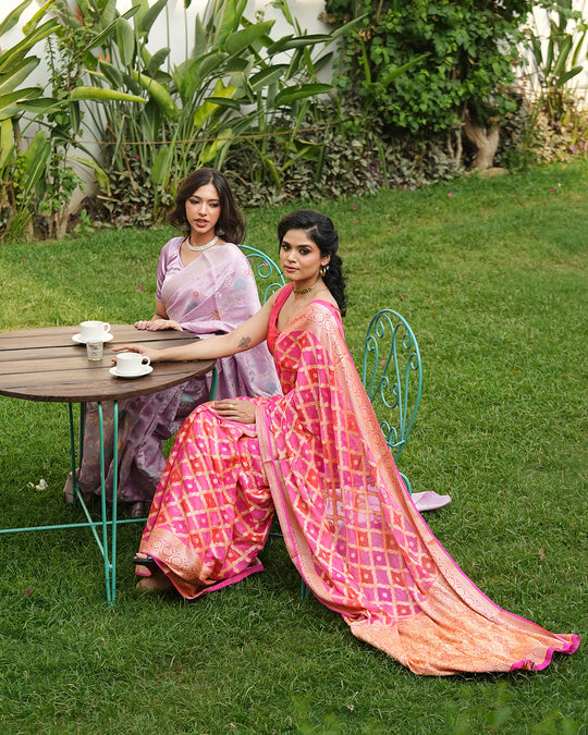 Light Purple Pure Banarasi Saree with Multicolour Floral Craftsmanship