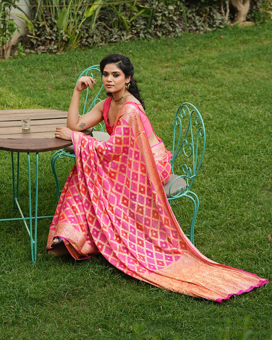 Pink & Orange Pure Chiffon Saree in Traditional Lattice with Royal Jaal Design