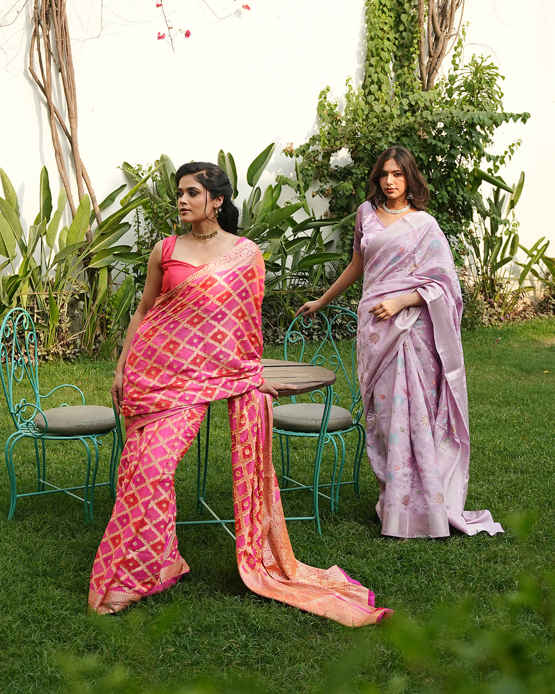 Pink & Orange Pure Chiffon Saree in Traditional Lattice with Royal Jaal Design