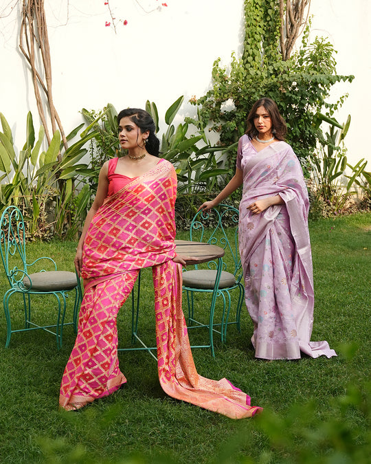 Pink & Orange Pure Chiffon Saree in Traditional Lattice with Royal Jaal Design
