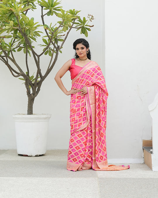 Pink & Orange Pure Chiffon Saree in Traditional Lattice with Royal Jaal Design