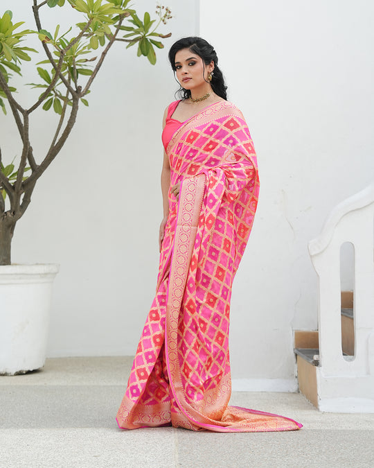 Pink & Orange Pure Chiffon Saree in Traditional Lattice with Royal Jaal Design