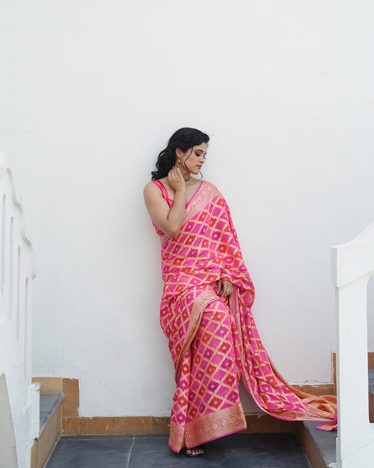 Pink & Orange Pure Chiffon Saree in Traditional Lattice with Royal Jaal Design