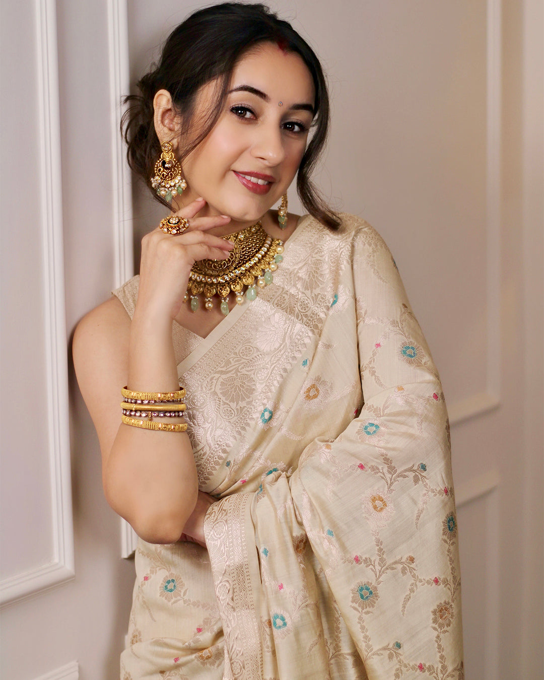 Moonlit Off White Pure Banarasi Silk Saree with Heritage Floral Patterns and Meenakari