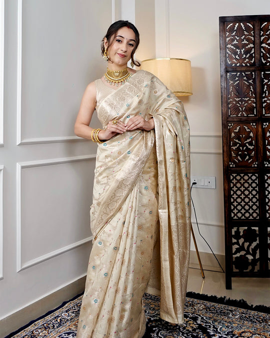 Moonlit Off White Pure Banarasi Silk Saree with Heritage Floral Patterns and Meenakari