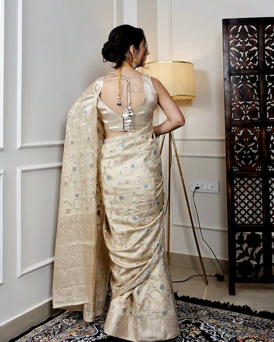 Moonlit Off White Pure Banarasi Silk Saree with Heritage Floral Patterns and Meenakari