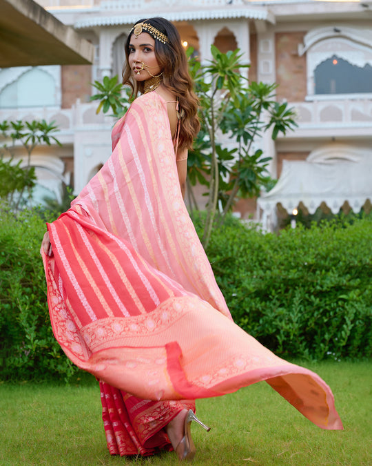 Peach Gleam Pure Chiffon Saree with Stripes Zari Woven Highlights