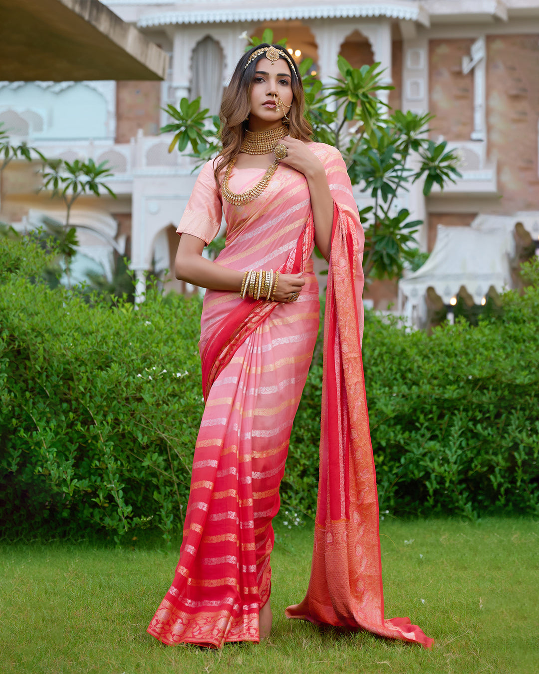 Peach Gleam Pure Chiffon Saree with Stripes Zari Woven Highlights