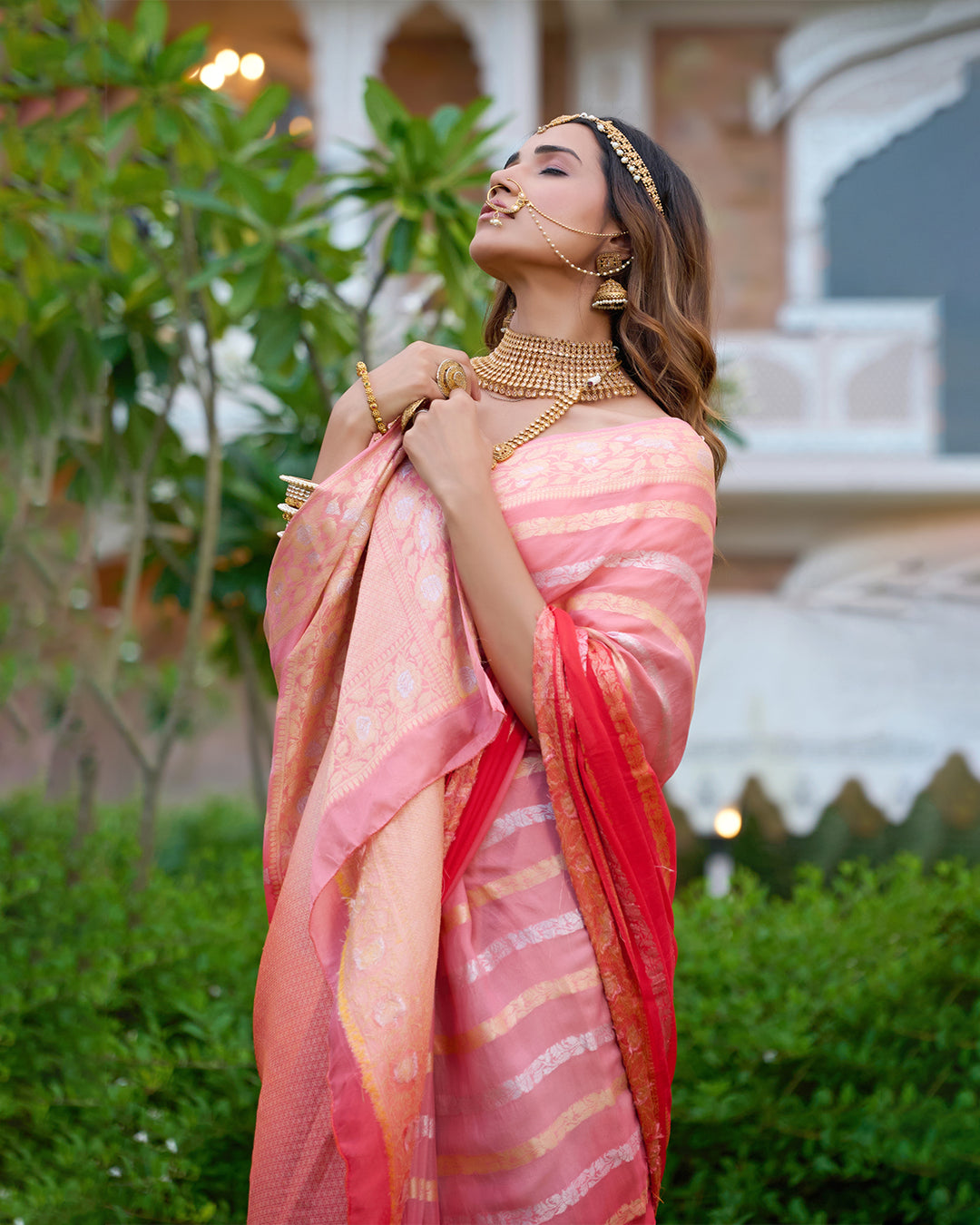 Peach Gleam Pure Chiffon Saree with Stripes Zari Woven Highlights
