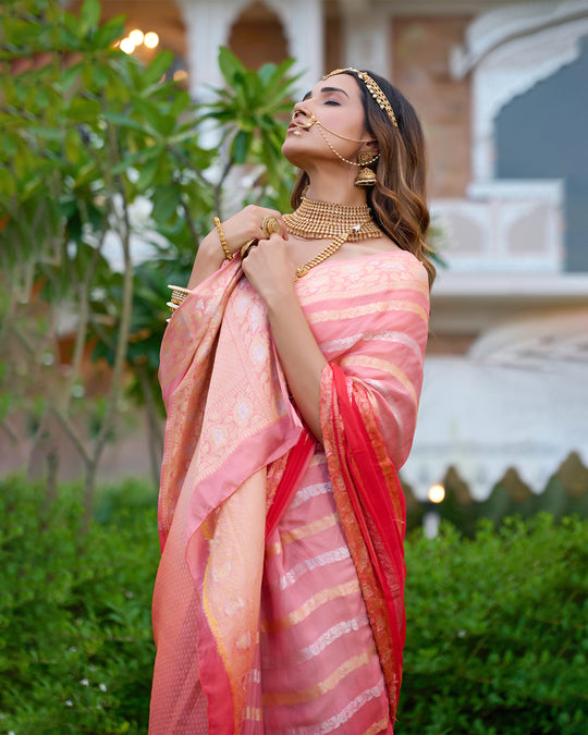Peach Gleam Pure Chiffon Saree with Stripes Zari Woven Highlights